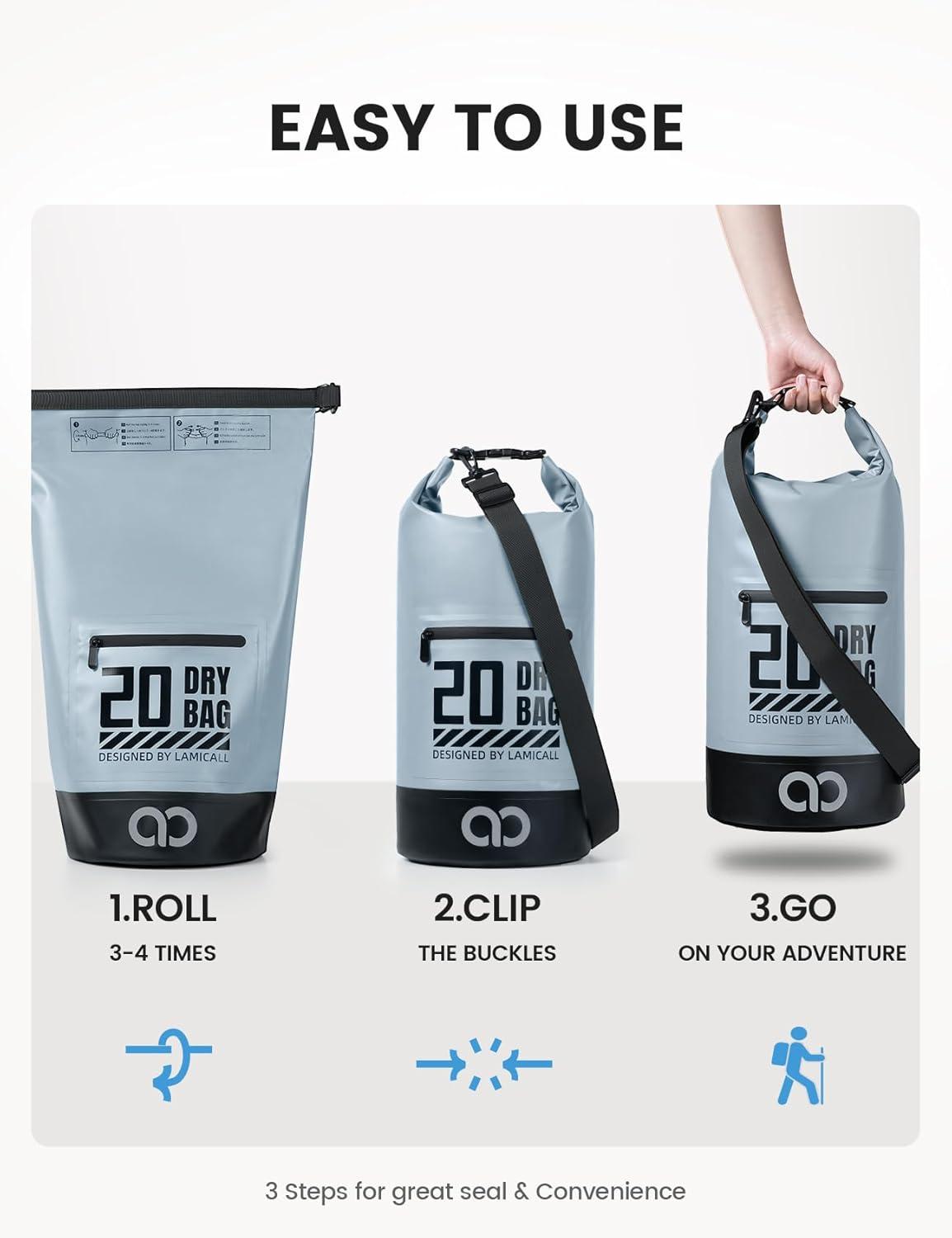 imageLamicall Dry Bag Waterproof Backpack  Zippered Pocket 5L10L20L30L40L Roll Top Waterproof Bag with Water Proof Phone Pouch Floatable Drybag for Swimming Boating Kayaking Camping BeachBlueish Gray