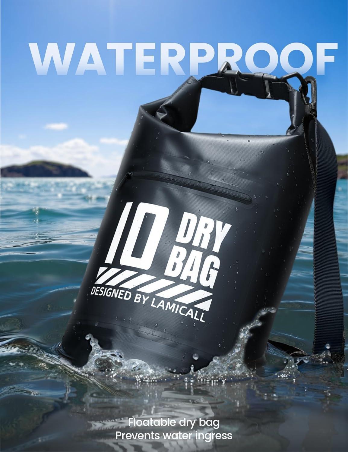 imageLamicall Dry Bag Waterproof Backpack  Zippered Pocket 5L10L20L30L40L Roll Top Waterproof Bag with Water Proof Phone Pouch Floatable Drybag for Swimming Boating Kayaking Camping BeachBlack