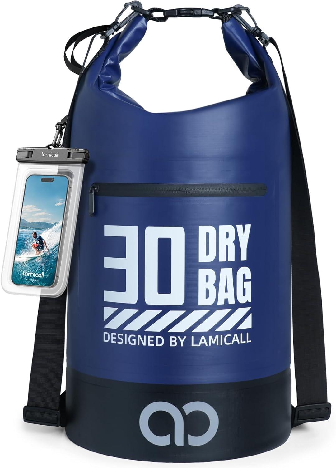 imageLamicall Dry Bag Waterproof Backpack  Zippered Pocket 5L10L20L30L40L Roll Top Waterproof Bag with Water Proof Phone Pouch Floatable Drybag for Swimming Boating Kayaking Camping BeachNavy Blue