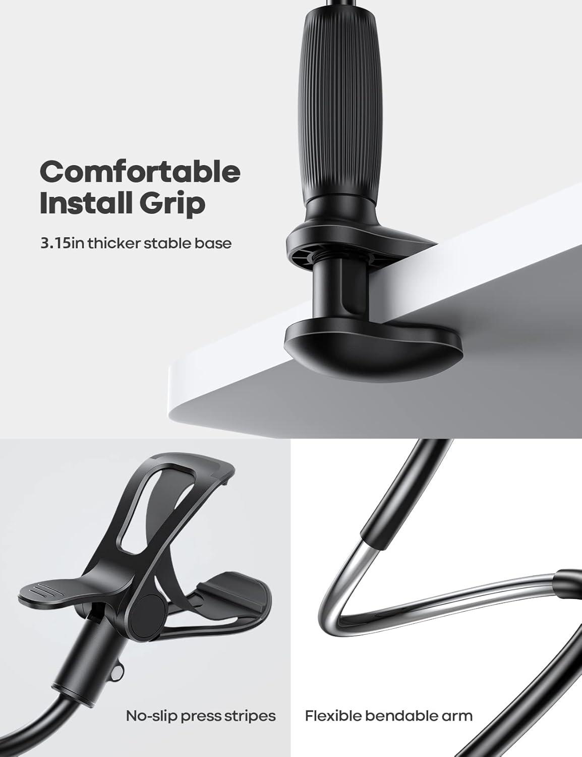 imageLamicall Gooseneck Phone Holder for Bed  Upgraded Stable Clip for Desk Headboard Bed Bedside Table Flexible Gooseneck Long Arm Stand Overhead Cell Phone Clamp Mount for All 47 Devicesblack