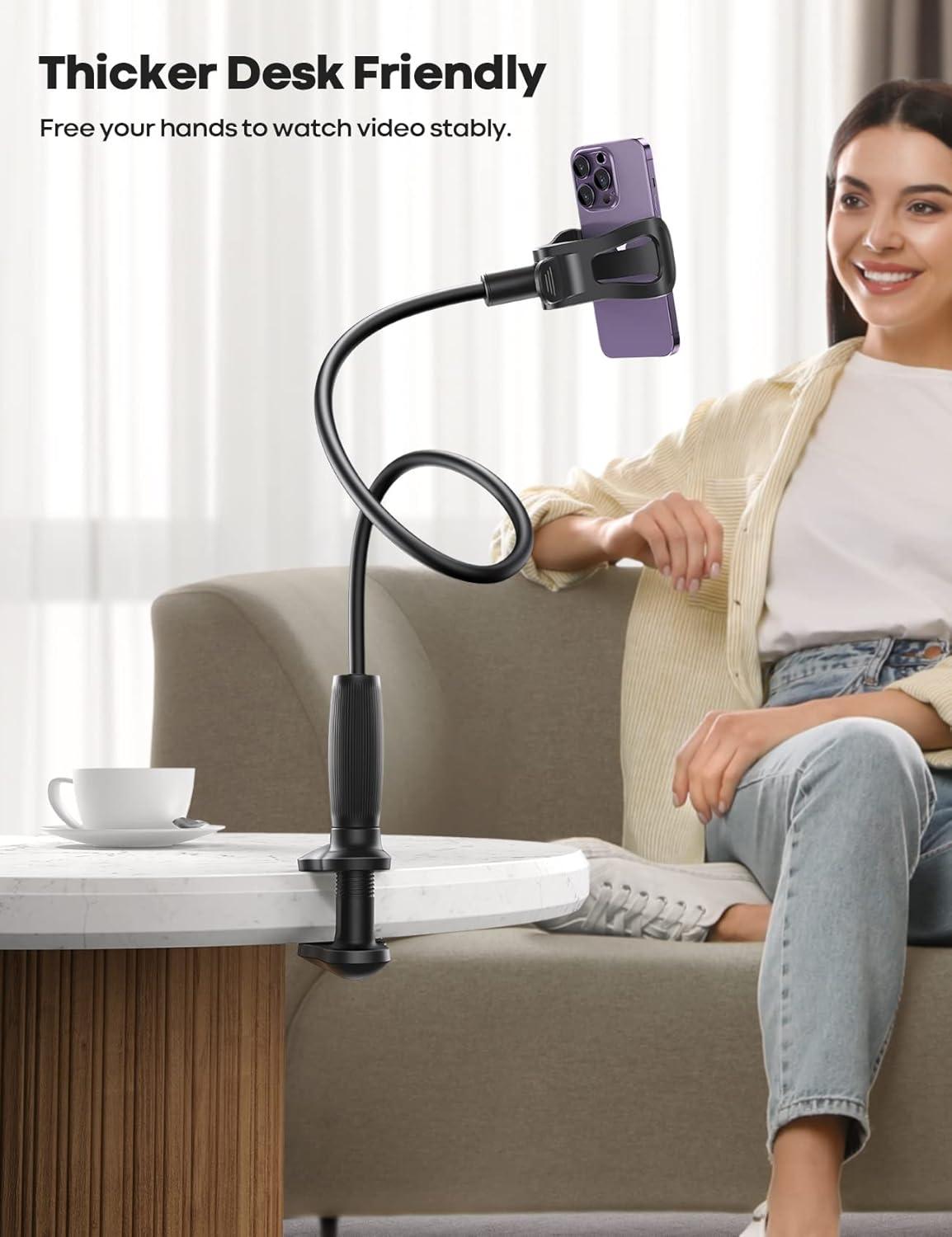 imageLamicall Gooseneck Phone Holder for Bed  Upgraded Stable Clip for Desk Headboard Bed Bedside Table Flexible Gooseneck Long Arm Stand Overhead Cell Phone Clamp Mount for All 47 Devicesblack