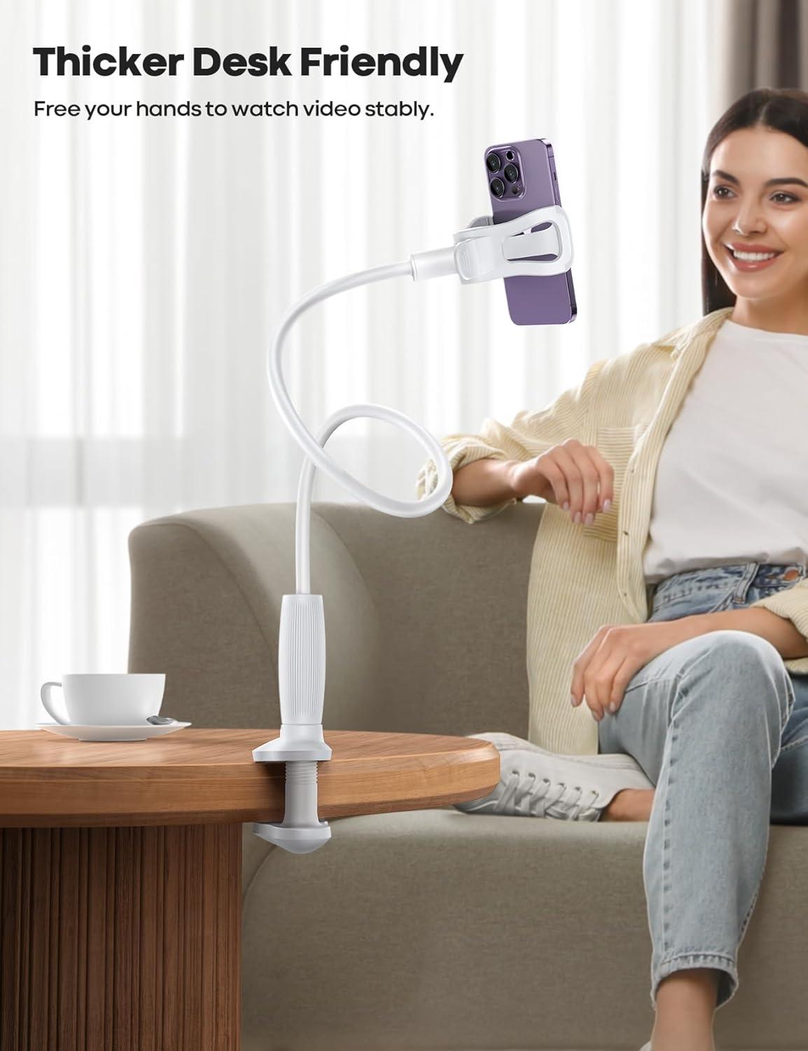 imageLamicall Gooseneck Phone Holder for Bed  Upgraded Stable Clip for Desk Headboard Bed Bedside Table Flexible Gooseneck Long Arm Stand Overhead Cell Phone Clamp Mount for All 47 DevicesSnow White