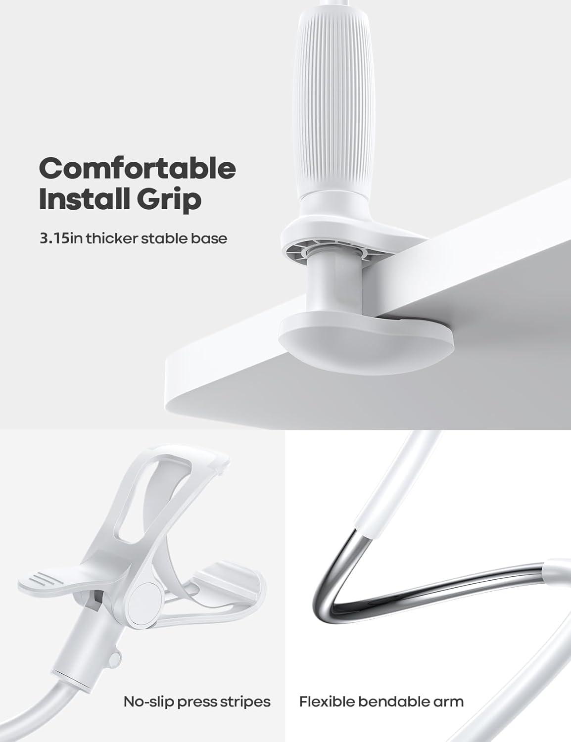 imageLamicall Gooseneck Phone Holder for Bed  Upgraded Stable Clip for Desk Headboard Bed Bedside Table Flexible Gooseneck Long Arm Stand Overhead Cell Phone Clamp Mount for All 47 DevicesSnow White