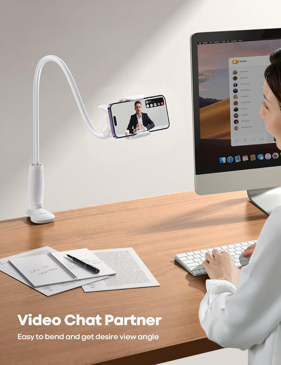 imageLamicall Gooseneck Phone Holder for Bed  Upgraded Stable Clip for Desk Headboard Bed Bedside Table Flexible Gooseneck Long Arm Stand Overhead Cell Phone Clamp Mount for All 47 DevicesSnow White