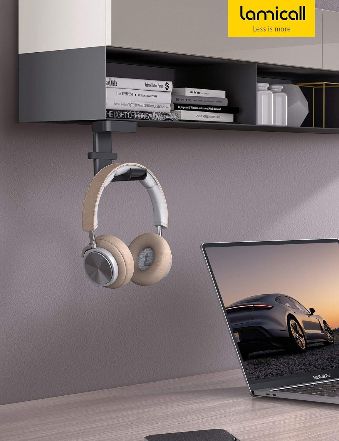 imageLamicall Headphone Stand Headset Hanger  360 Degree Rotation Earphone Hook Holder Mount Table Headphone Stand with Cable Organizer Gaming Headset Clamp for HyperX Razer Sony Sennheiser  BlackBlack