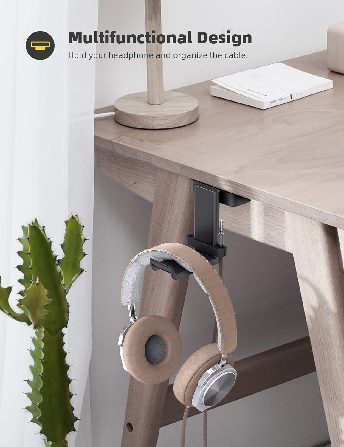 imageLamicall Headphone Stand Headset Hanger  360 Degree Rotation Earphone Hook Holder Mount Table Headphone Stand with Cable Organizer Gaming Headset Clamp for HyperX Razer Sony Sennheiser  BlackBlack