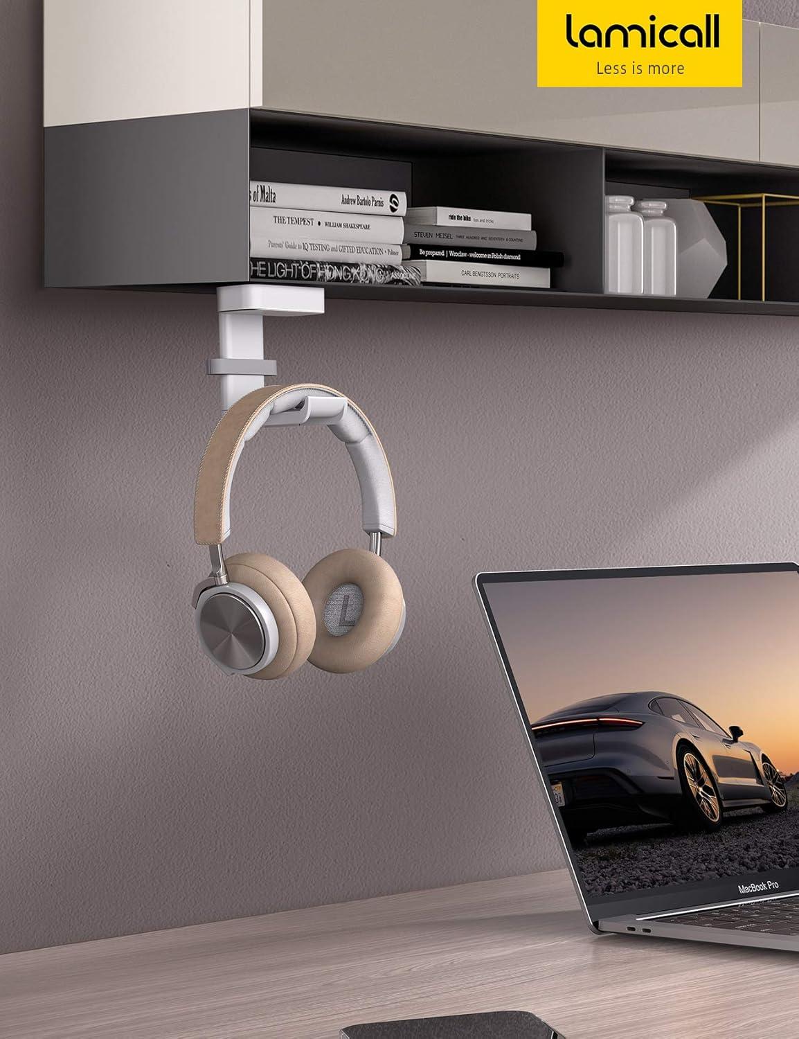 imageLamicall Headphone Stand Headset Hanger  360 Degree Rotation Earphone Hook Holder Mount Table Headphone Stand with Cable Organizer Gaming Headset Clamp for HyperX Razer Sony Sennheiser  BlackWhite