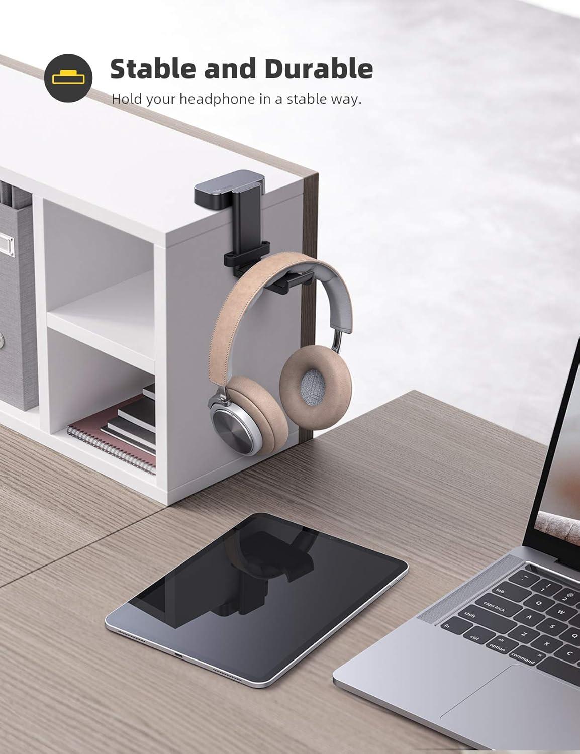 imageLamicall Headphone Stand Headset Hanger  360 Degree Rotation Earphone Hook Holder Mount Table Headphone Stand with Cable Organizer Gaming Headset Clamp for HyperX Razer Sony Sennheiser  BlackBlack