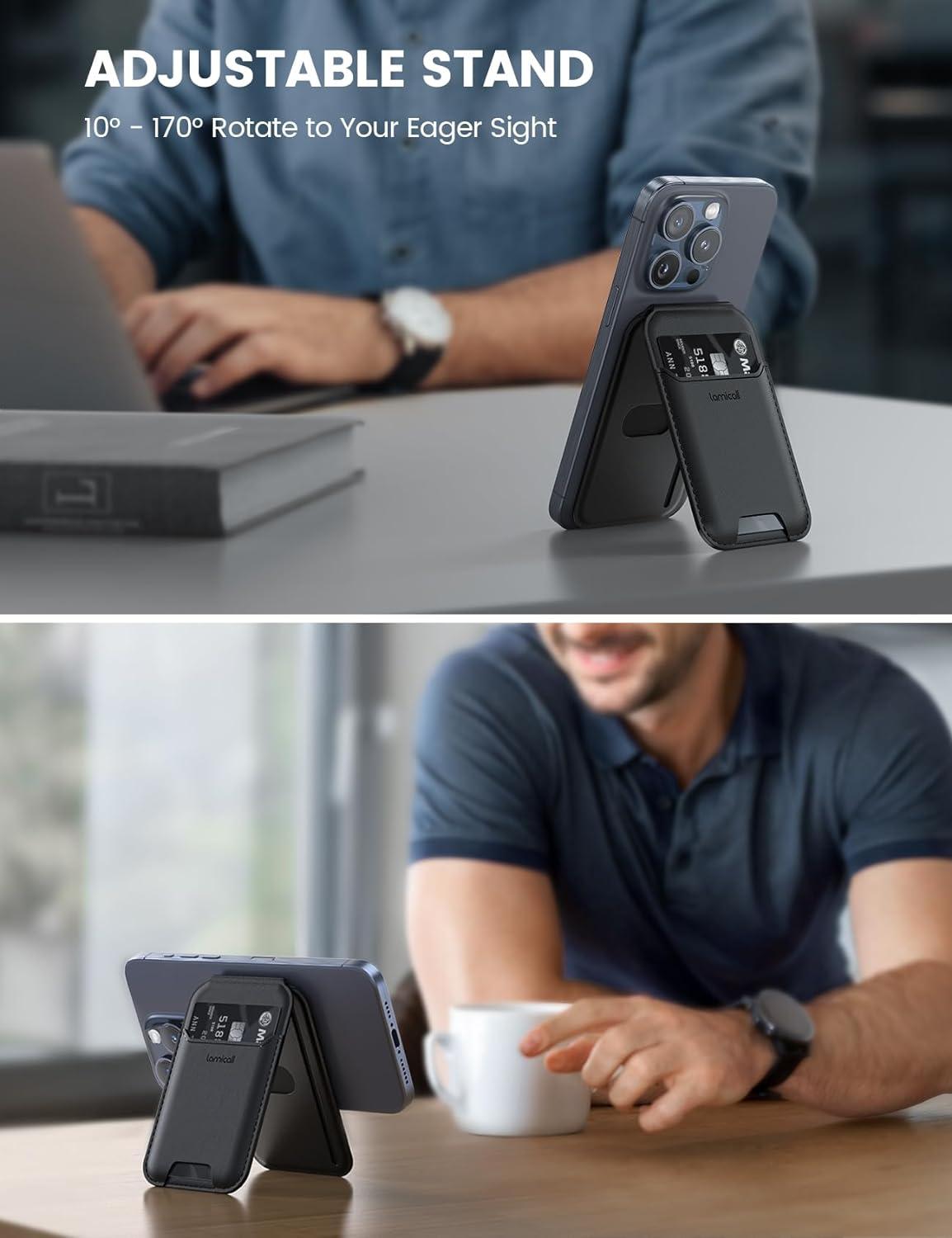 imageLamicall Lightweight for Magsafe Wallet Stand  Slim Magnetic Phone Card Holder Adjustable Leather Phone Wallet Stand Magnetic for iPhone 1615141312 Series Not for Mini Mag Safe AccessoriesClassic Black