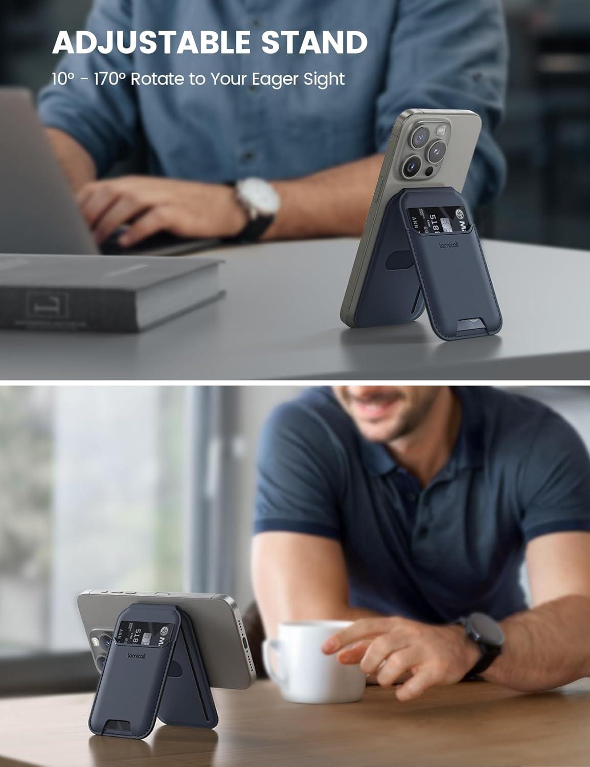 imageLamicall Lightweight for Magsafe Wallet Stand  Slim Magnetic Phone Card Holder Adjustable Leather Phone Wallet Stand Magnetic for iPhone 1615141312 Series Not for Mini Mag Safe AccessoriesDark Blue