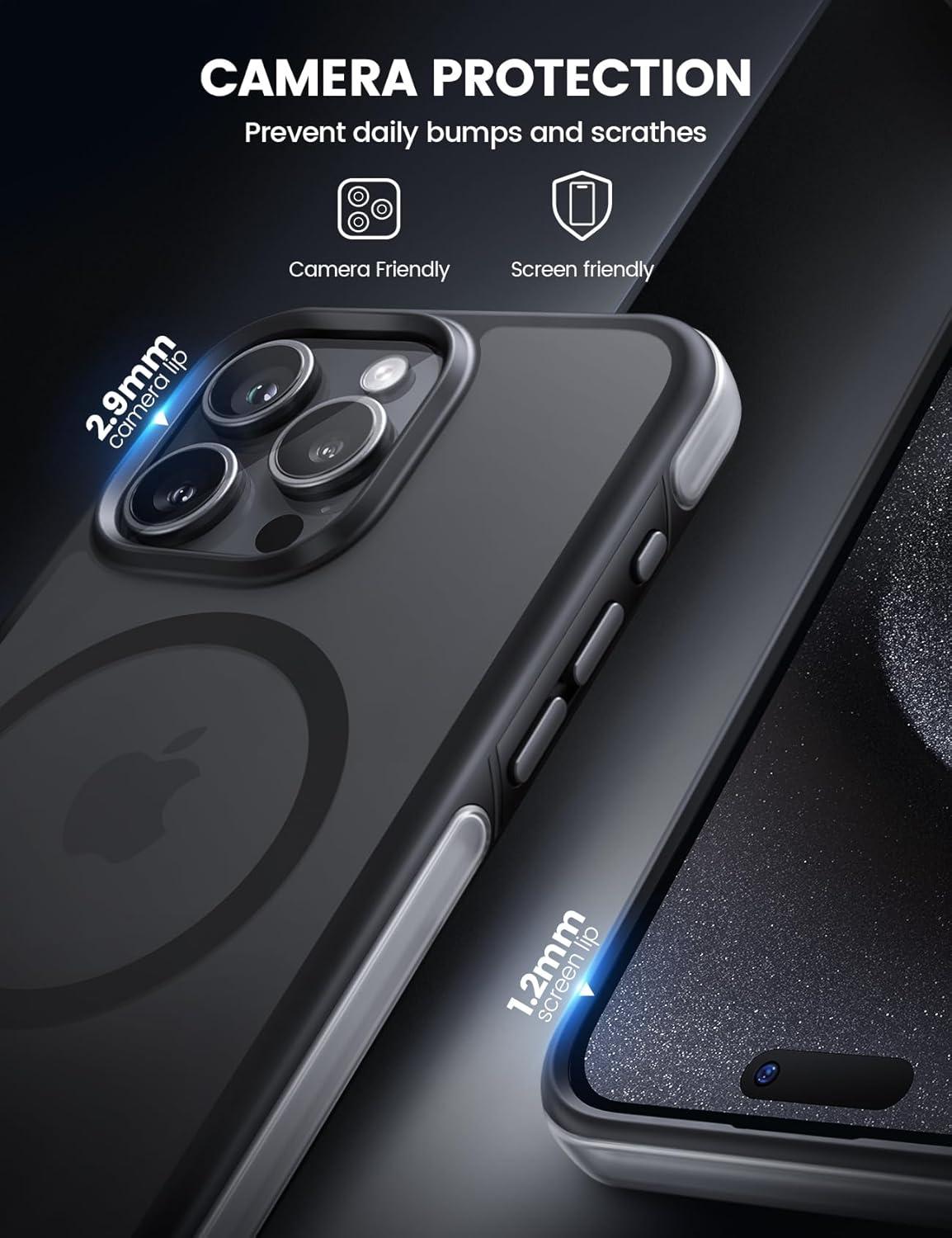 imageLamicall Magnetic Phone Case for MagSafe  18 FT MilGrade Drop Protection Shockproof Case with Air Bumpers Metal Buttons for iPhone 15 Pro Max Black Titanium15 Pro 61