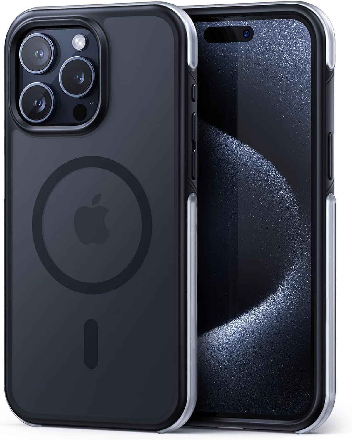 imageLamicall Magnetic Phone Case for MagSafe  18 FT MilGrade Drop Protection Shockproof Case with Air Bumpers Metal Buttons for iPhone 15 Pro Max Black Titanium15 Pro Max 67