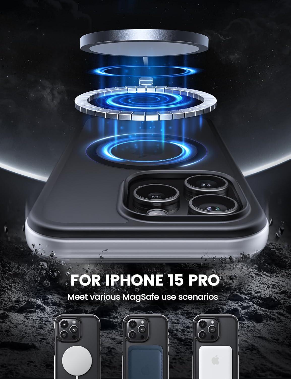 imageLamicall Magnetic Phone Case for MagSafe  18 FT MilGrade Drop Protection Shockproof Case with Air Bumpers Metal Buttons for iPhone 15 Pro Max Black Titanium15 Pro 61