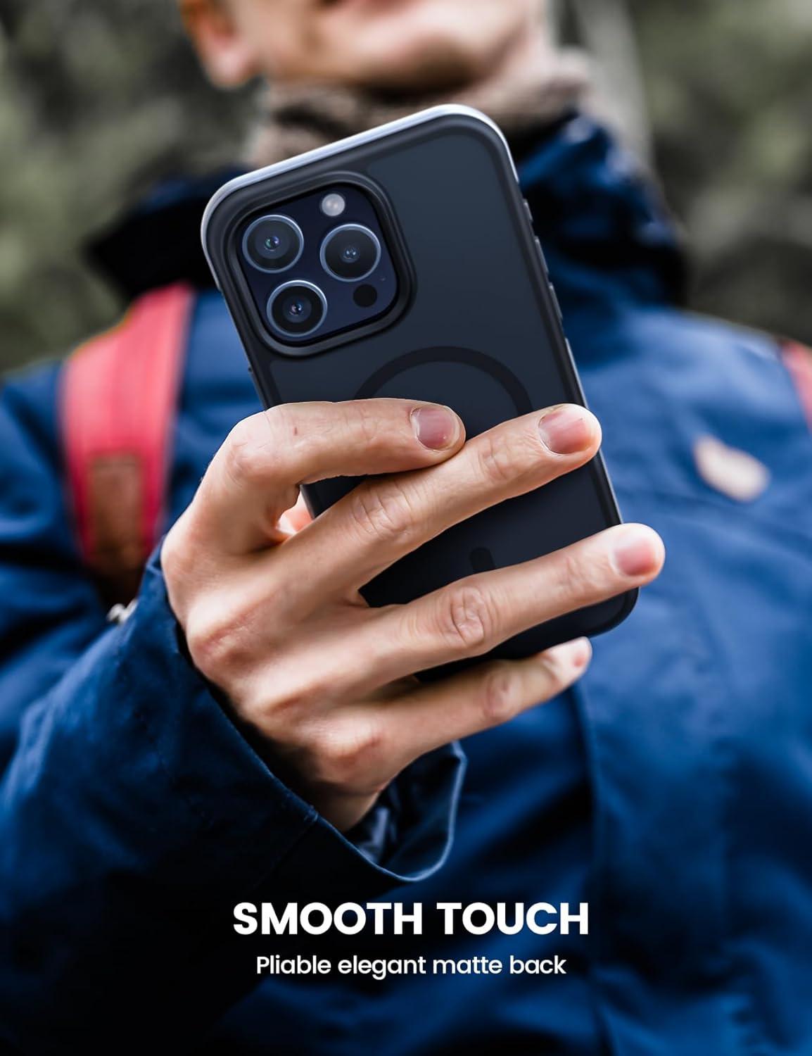 imageLamicall Magnetic Phone Case for MagSafe  18 FT MilGrade Drop Protection Shockproof Case with Air Bumpers Metal Buttons for iPhone 15 Pro Max Black Titanium15 Pro Max 67