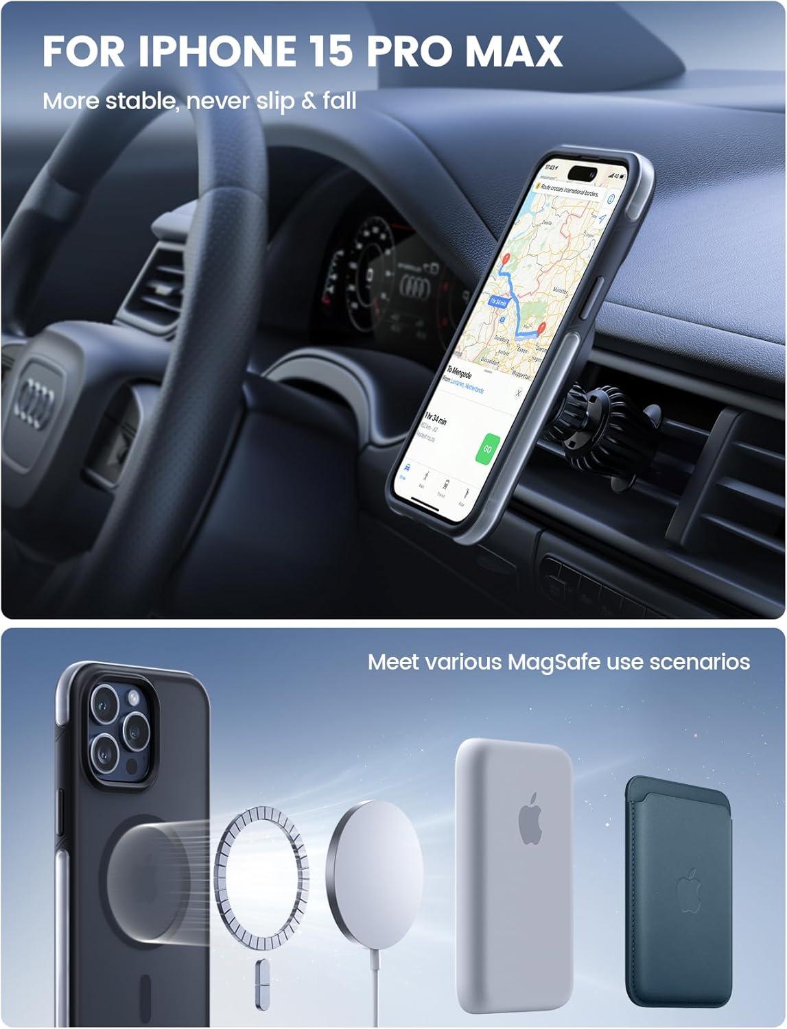 imageLamicall Magnetic Phone Case for MagSafe  18 FT MilGrade Drop Protection Shockproof Case with Air Bumpers Metal Buttons for iPhone 15 Pro Max Black Titanium15 Pro Max 67