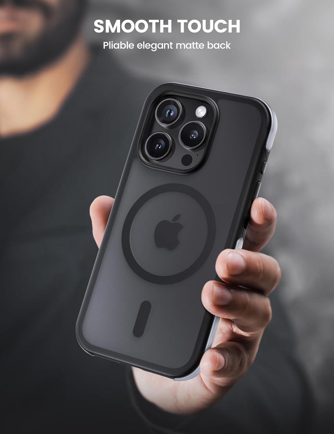 imageLamicall Magnetic Phone Case for MagSafe  18 FT MilGrade Drop Protection Shockproof Case with Air Bumpers Metal Buttons for iPhone 15 Pro Max Black Titanium15 Pro 61
