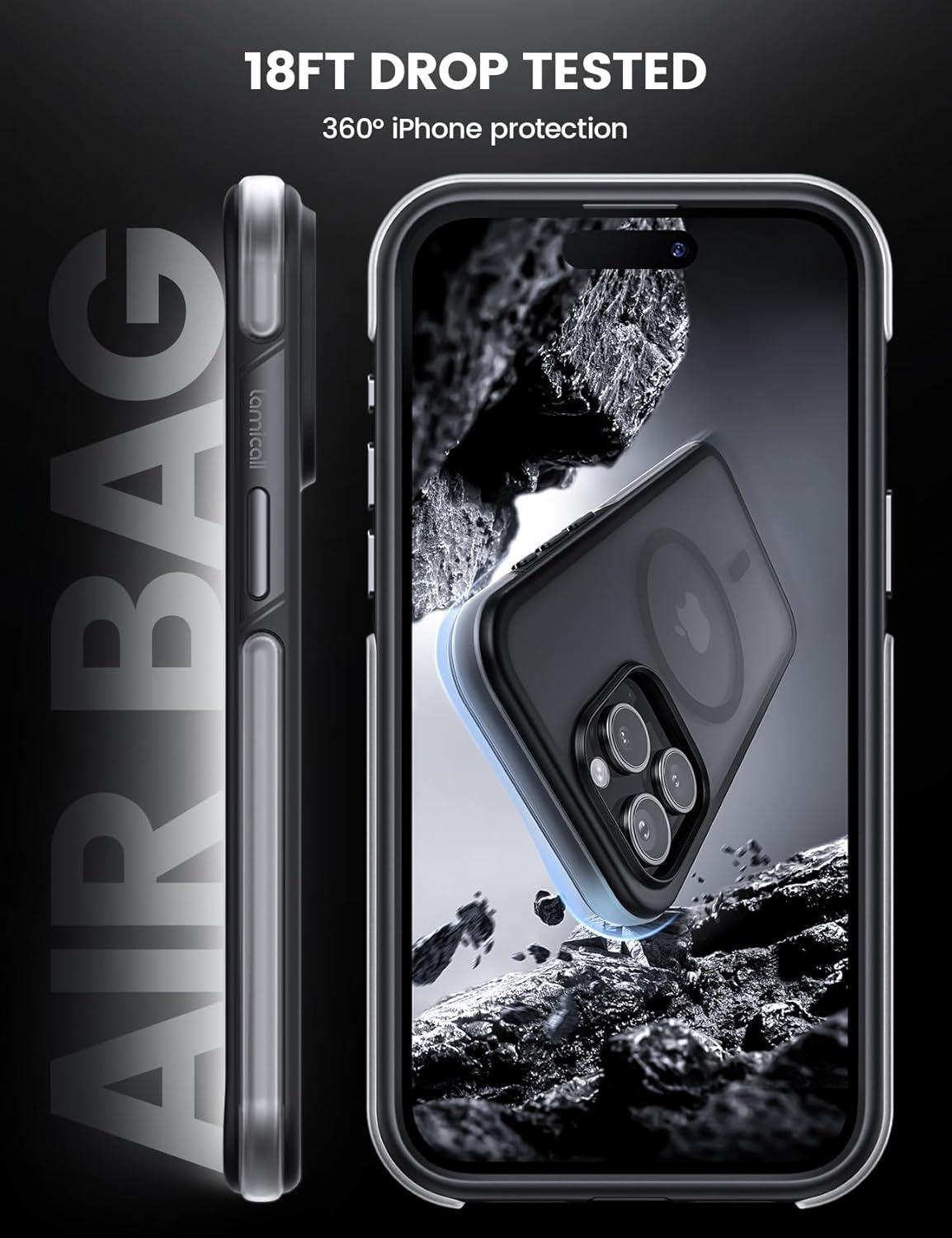 imageLamicall Magnetic Phone Case for MagSafe  18 FT MilGrade Drop Protection Shockproof Case with Air Bumpers Metal Buttons for iPhone 15 Pro Max Black Titanium15 Pro 61