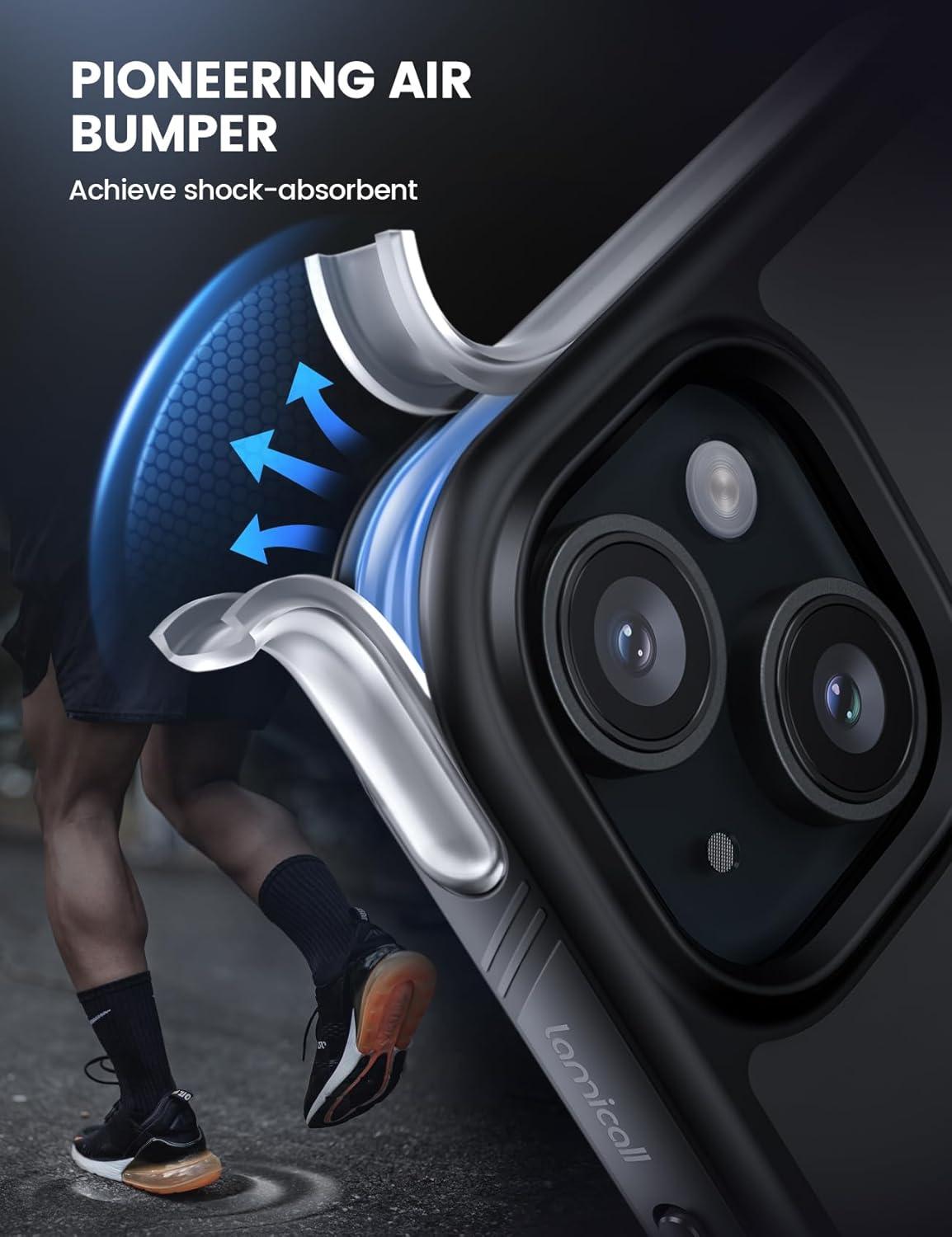 imageLamicall Magnetic Phone Case for MagSafe  18 FT MilGrade Drop Protection Shockproof Case with Air Bumpers Metal Buttons for iPhone 15 Pro Max Black Titanium15 61
