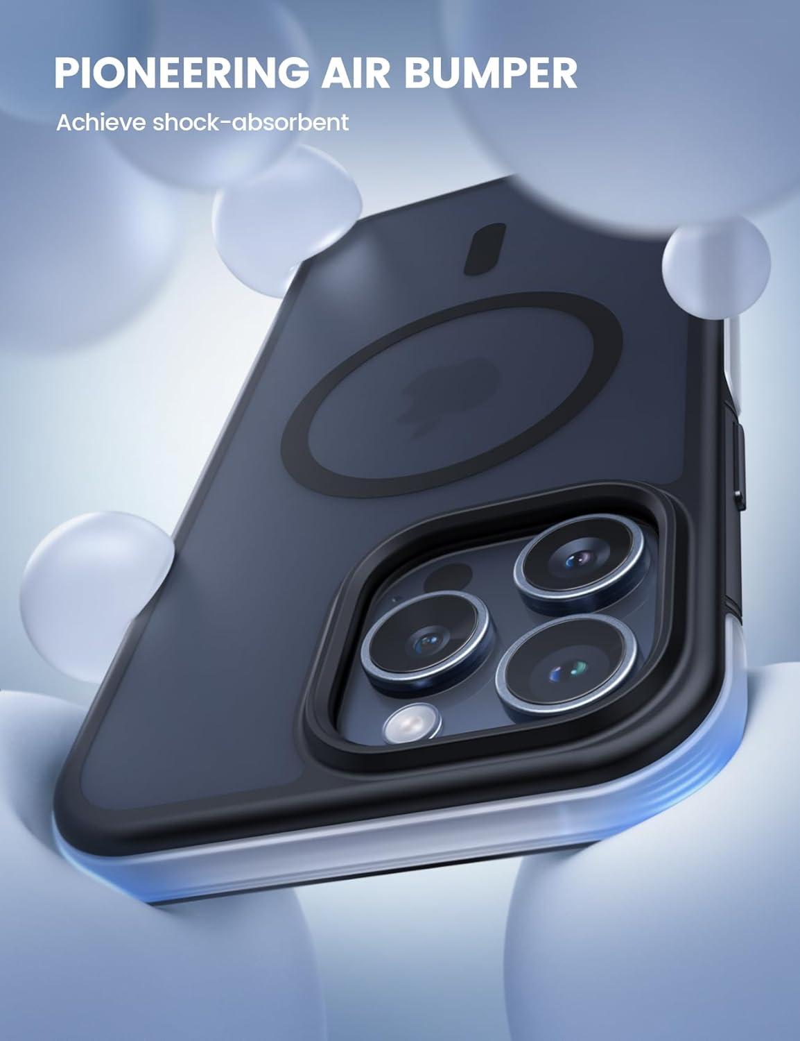 imageLamicall Magnetic Phone Case for MagSafe  18 FT MilGrade Drop Protection Shockproof Case with Air Bumpers Metal Buttons for iPhone 15 Pro Max Black Titanium15 Pro Max 67