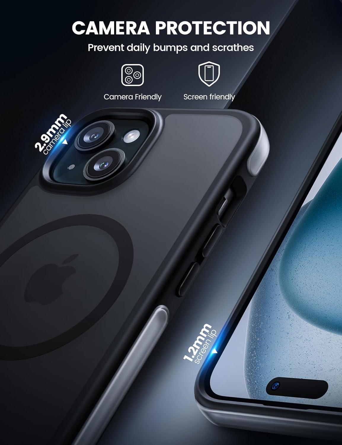 imageLamicall Magnetic Phone Case for MagSafe  18 FT MilGrade Drop Protection Shockproof Case with Air Bumpers Metal Buttons for iPhone 15 Pro Max Black Titanium15 61