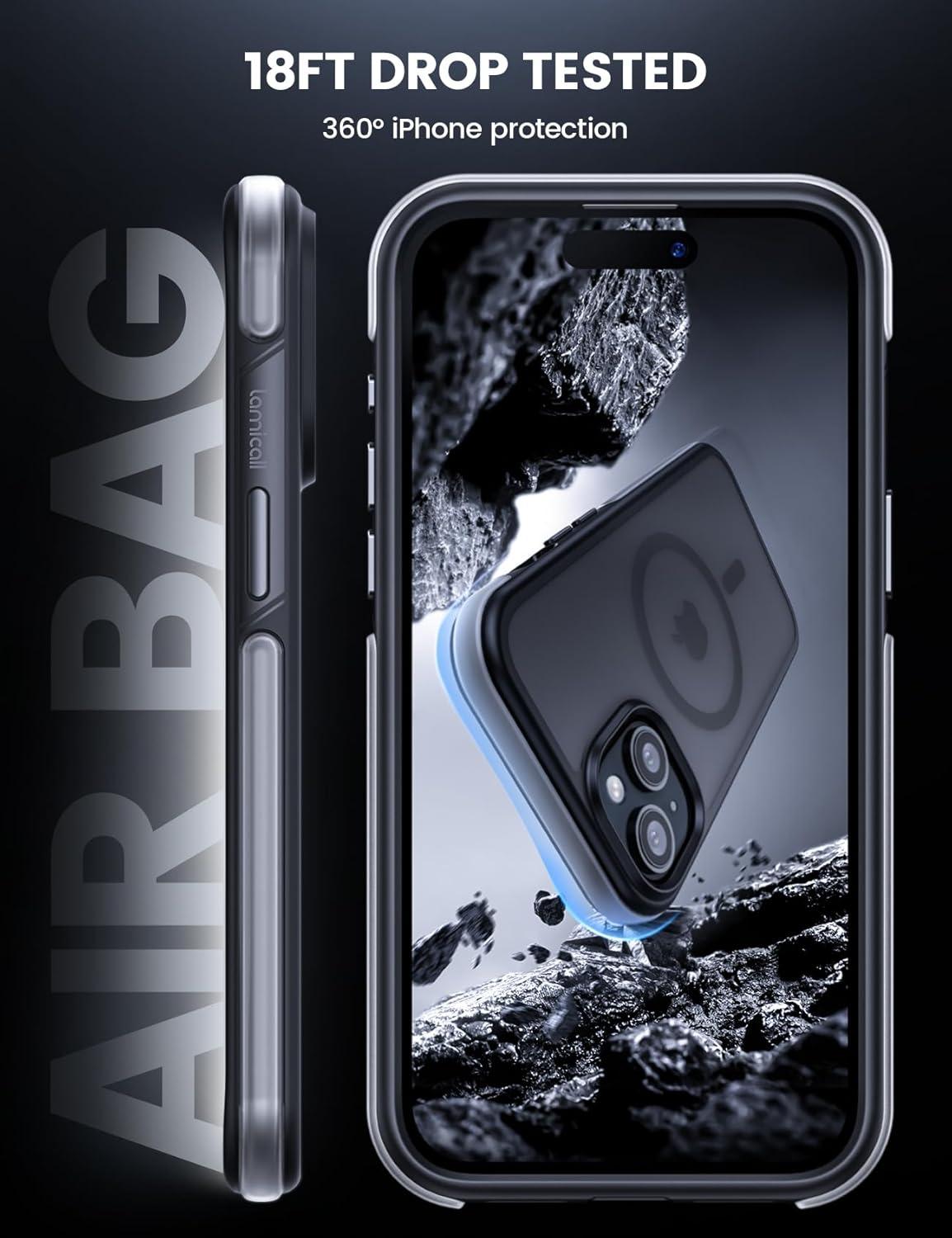 imageLamicall Magnetic Phone Case for MagSafe  18 FT MilGrade Drop Protection Shockproof Case with Air Bumpers Metal Buttons for iPhone 15 Pro Max Black Titanium15 61