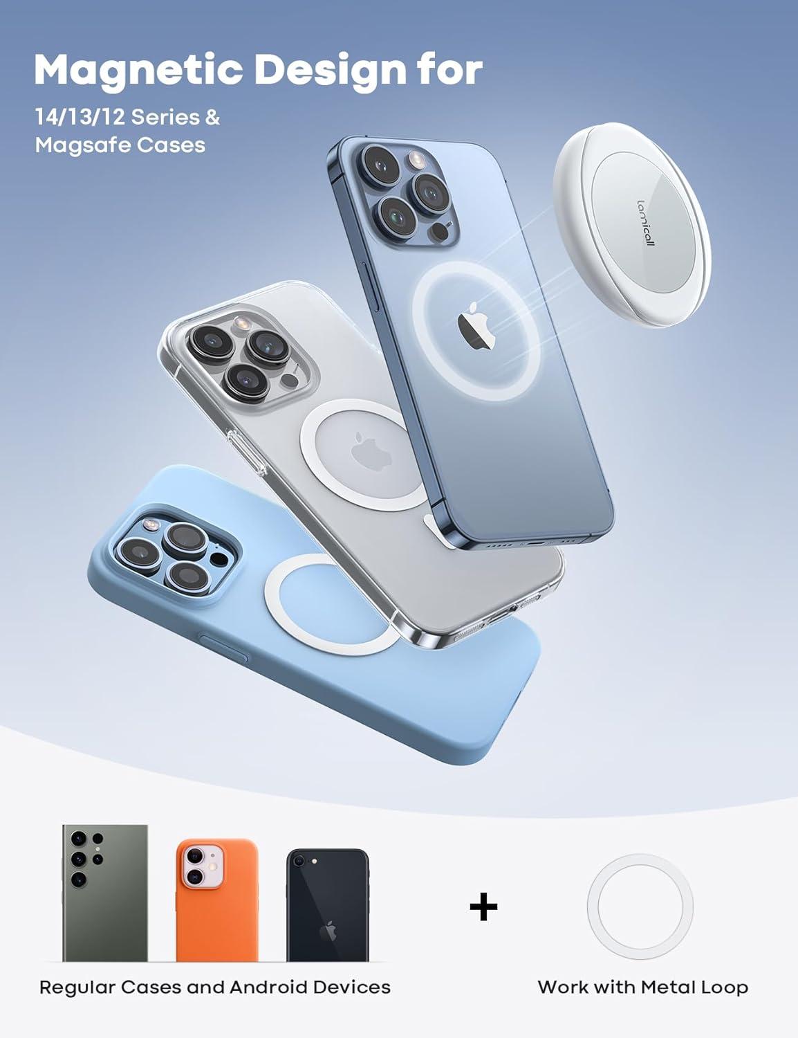 imageLamicall Magnetic Phone Grip Holder for MagSafe 078quot Popup Soft Strap  Finger Grip Cell Phone Faux Leather Loop Stand Magnet Ring Holder for iPhone Snow White
