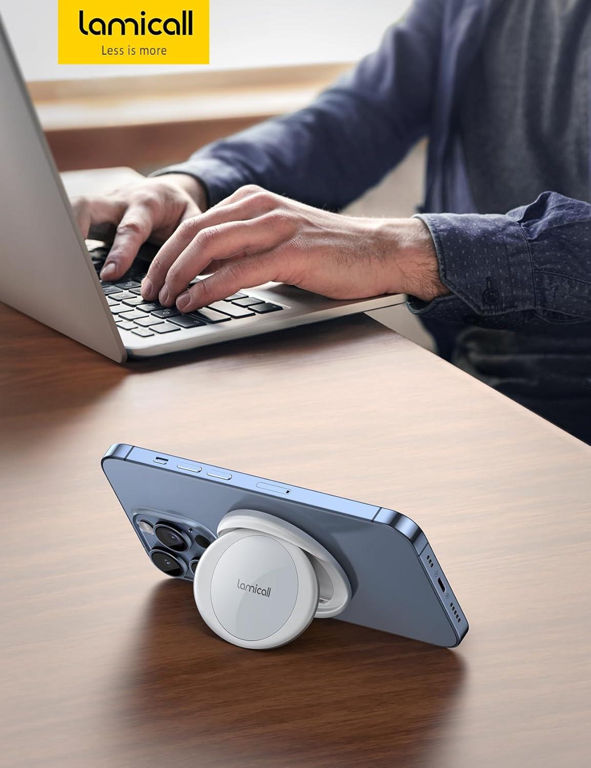 imageLamicall Magnetic Phone Grip Holder for MagSafe 078quot Popup Soft Strap  Finger Grip Cell Phone Faux Leather Loop Stand Magnet Ring Holder for iPhone Snow White