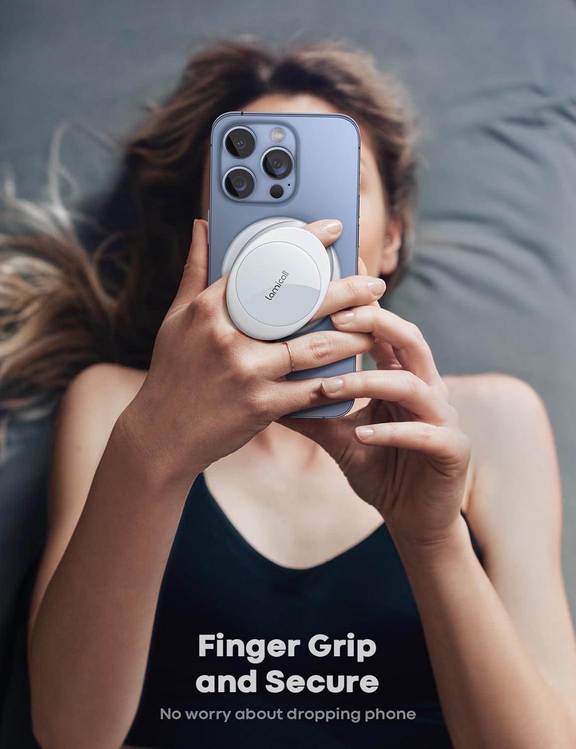 imageLamicall Magnetic Phone Grip Holder for MagSafe 078quot Popup Soft Strap  Finger Grip Cell Phone Faux Leather Loop Stand Magnet Ring Holder for iPhone Snow White