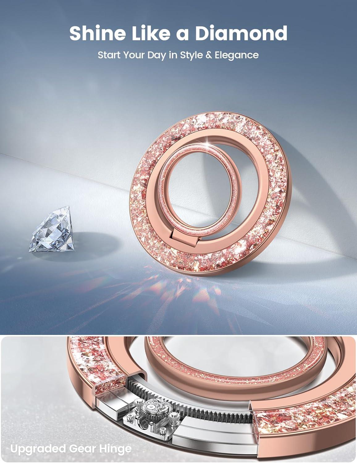 imageLamicall Magnetic Phone Ring for MagSafe Grip  2025 Super Magnet Stylish Twinkle Ring Holder Stand with Upgrade Gear Hinge Mag Safe Accessory for iPhone 16 15 14 13 Pro Max Plus Glitter SilverRose Gold