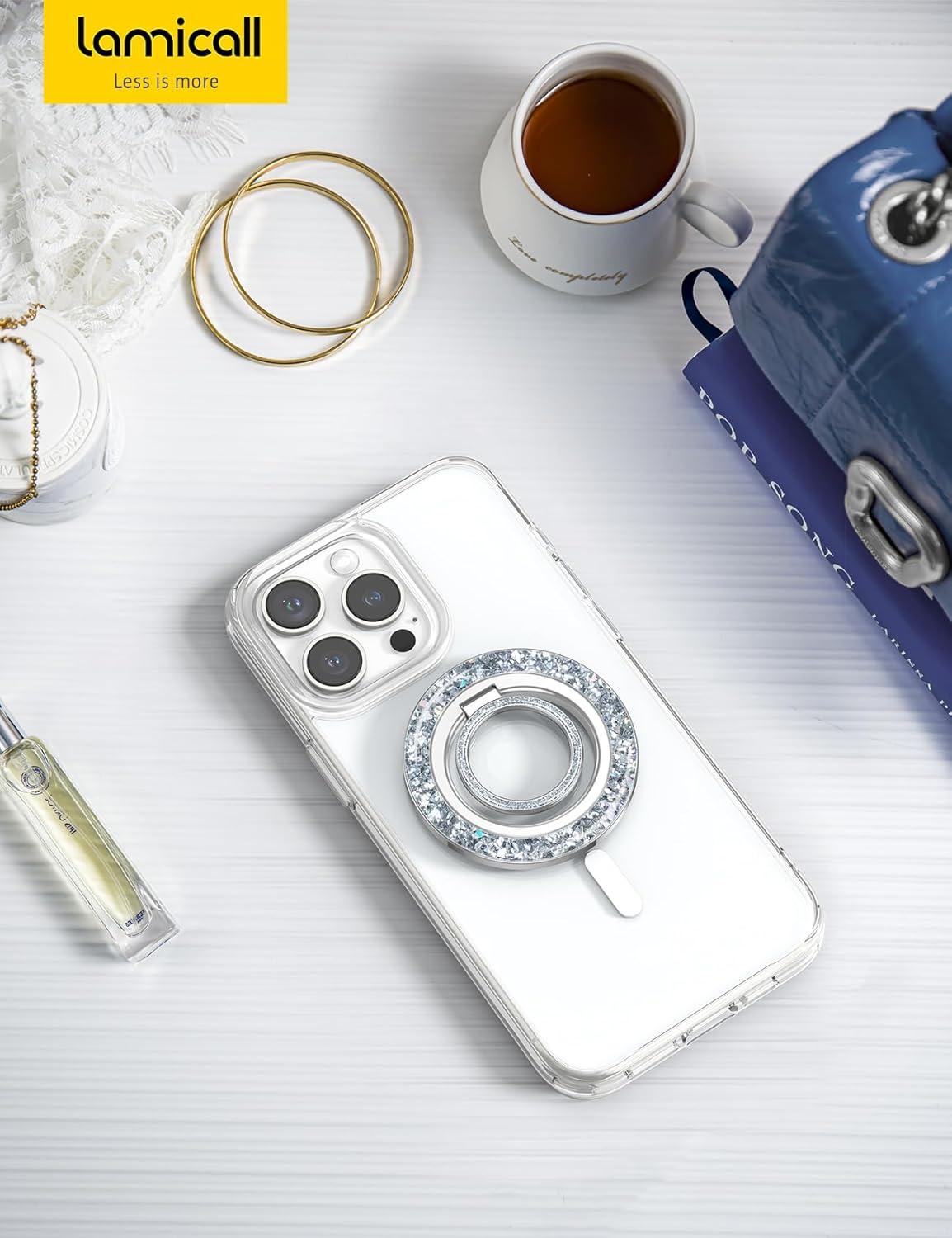 imageLamicall Magnetic Phone Ring for MagSafe Grip  2025 Super Magnet Stylish Twinkle Ring Holder Stand with Upgrade Gear Hinge Mag Safe Accessory for iPhone 16 15 14 13 Pro Max Plus Glitter SilverPretty Silver
