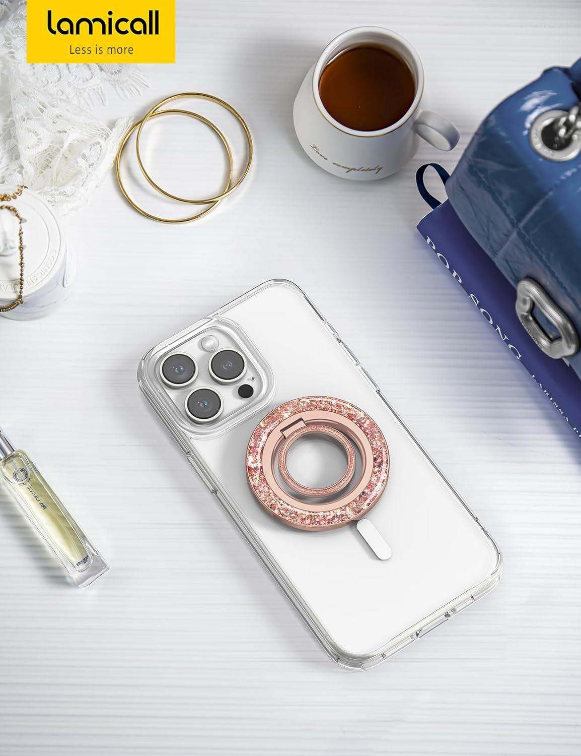 imageLamicall Magnetic Phone Ring for MagSafe Grip  2025 Super Magnet Stylish Twinkle Ring Holder Stand with Upgrade Gear Hinge Mag Safe Accessory for iPhone 16 15 14 13 Pro Max Plus Glitter SilverRose Gold
