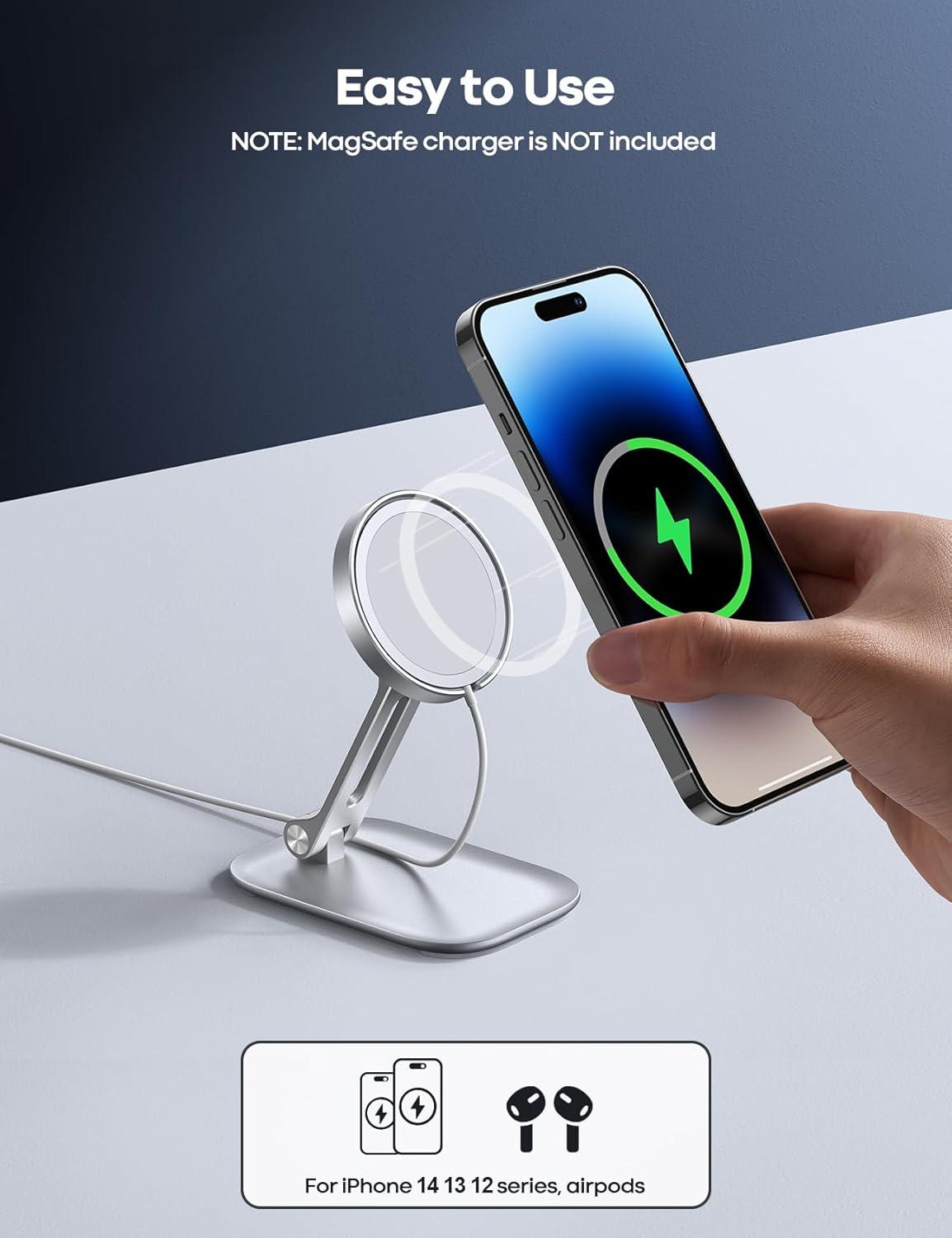 imageLamicall Phone Stand for Apple MagSafe Charger Not Fits 2024 Ver  Dual Hinge Collapsible Adjustable Charging Holder Dock for Desk Nightstand Fit for Airpods iPhone 16151413 SeriesOnly StandFor 15W Charger Old Version
