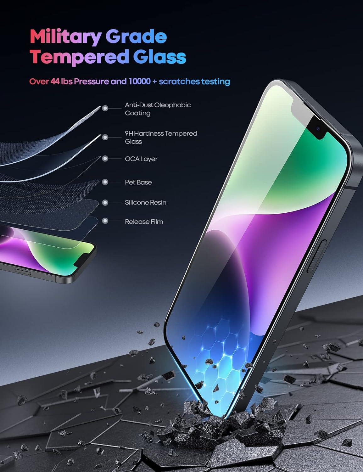 imageLamicall Professional Screen Protector for iPhone 1413 13 Pro 61 inch Military Grade Tempered Glass Film Ultra HDAnti FingerprintFull Screen ProtectionQuick Install Tool 9H 2 Pack14 61