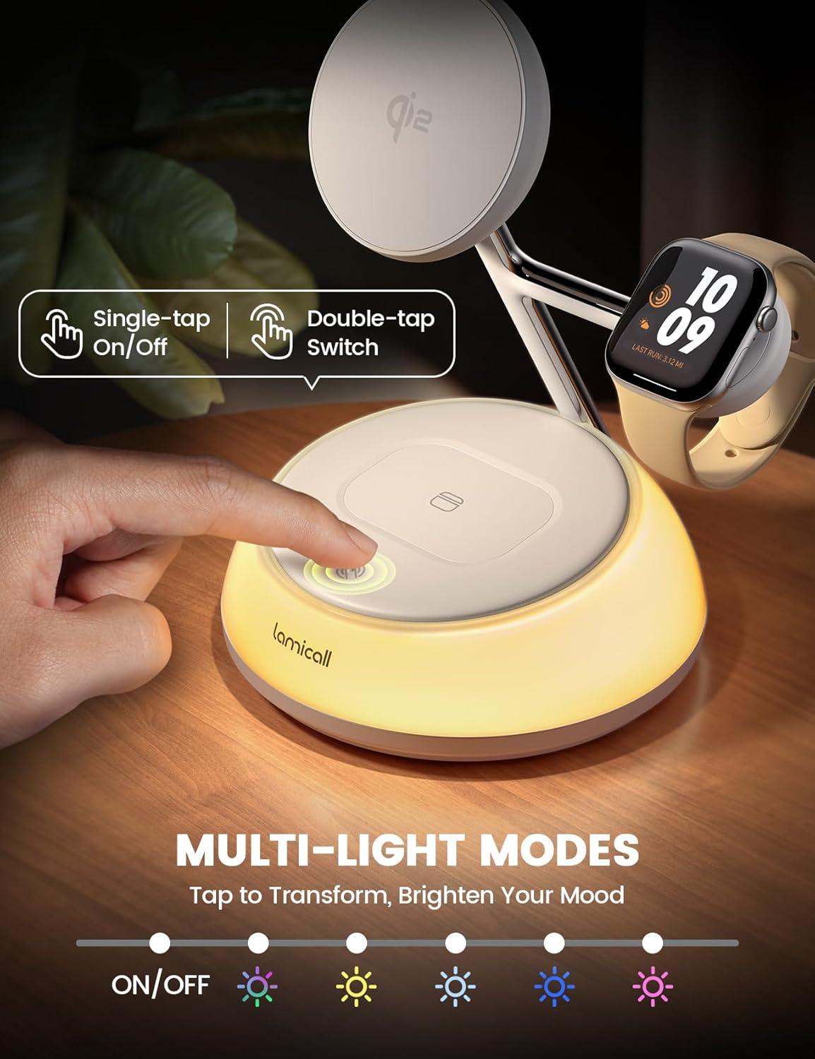 imageLamicall Qi2 Wireless Charging Station for MagSafe  4 in 1 15W Fast Wireless Charger Stand with Night Light for iPhone 16 15 14 13 12 Pro Max Apple Watch Ultra Series 10 9 SE Airpods 4 3 Pro