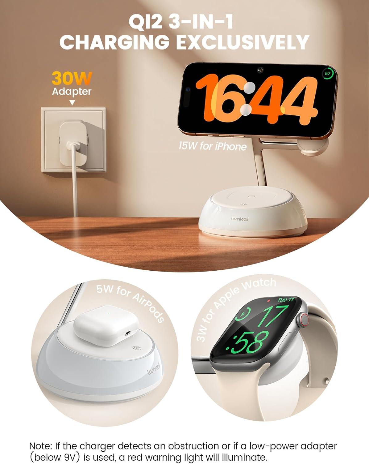 imageLamicall Qi2 Wireless Charging Station for MagSafe  4 in 1 15W Fast Wireless Charger Stand with Night Light for iPhone 16 15 14 13 12 Pro Max Apple Watch Ultra Series 10 9 SE Airpods 4 3 Pro