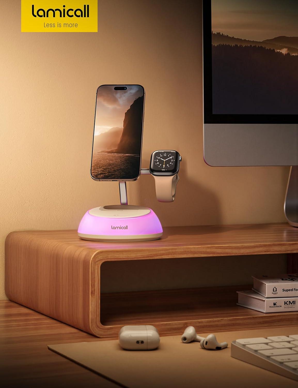 imageLamicall Qi2 Wireless Charging Station for MagSafe  4 in 1 15W Fast Wireless Charger Stand with Night Light for iPhone 16 15 14 13 12 Pro Max Apple Watch Ultra Series 10 9 SE Airpods 4 3 Pro