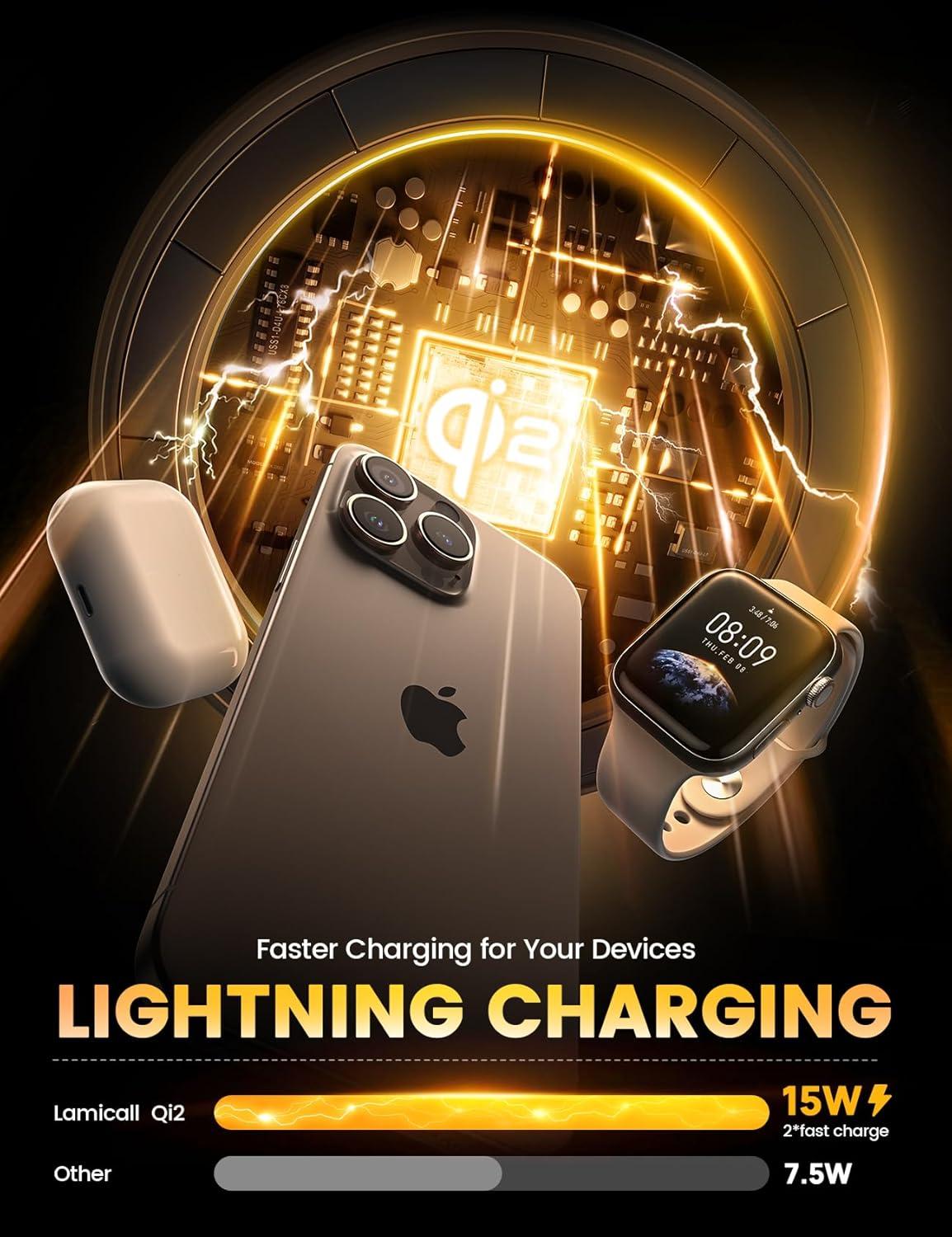 imageLamicall Qi2 Wireless Charging Station for MagSafe  4 in 1 15W Fast Wireless Charger Stand with Night Light for iPhone 16 15 14 13 12 Pro Max Apple Watch Ultra Series 10 9 SE Airpods 4 3 Pro