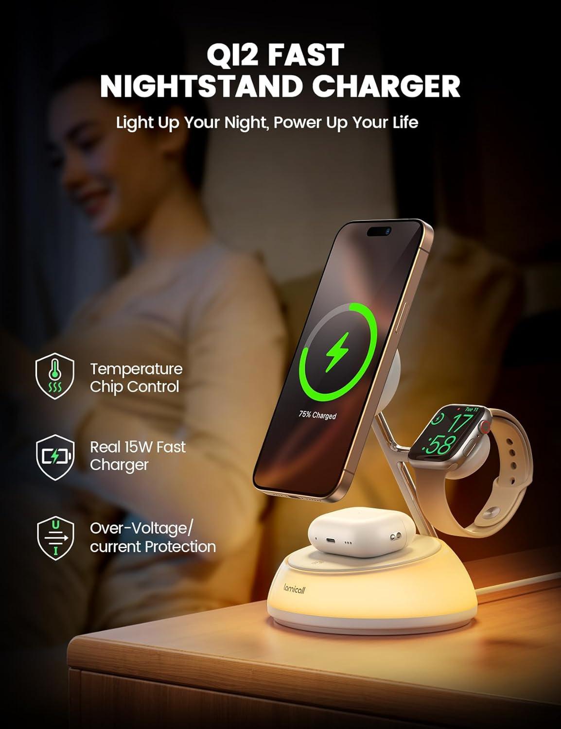 imageLamicall Qi2 Wireless Charging Station for MagSafe  4 in 1 15W Fast Wireless Charger Stand with Night Light for iPhone 16 15 14 13 12 Pro Max Apple Watch Ultra Series 10 9 SE Airpods 4 3 Pro