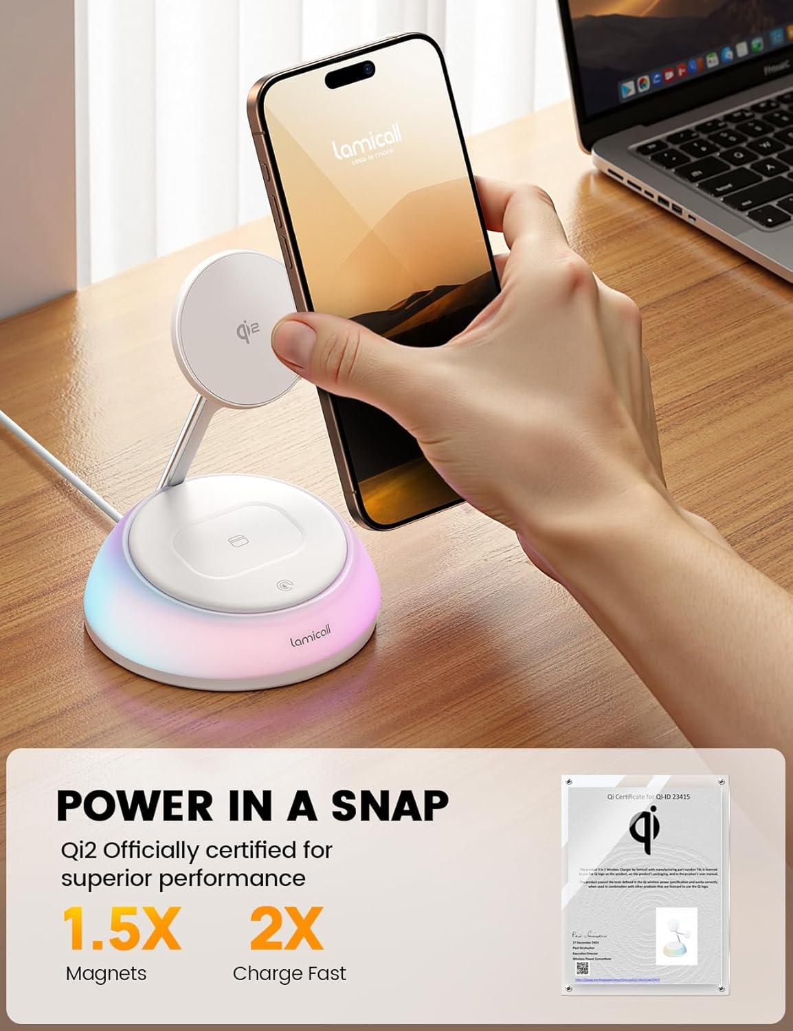 imageLamicall Qi2 Wireless Charging Station for MagSafe  4 in 1 15W Fast Wireless Charger Stand with Night Light for iPhone 16 15 14 13 12 Pro Max Apple Watch Ultra Series 10 9 SE Airpods 4 3 Pro