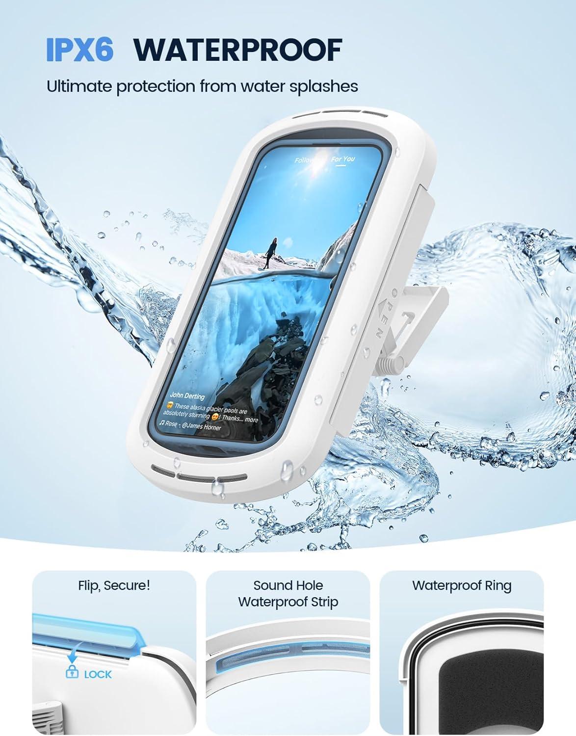imageLamicall Shower Phone Holder with Speaker Holes IPX6 Waterproof Clear Sound ampamp 480 Rotation Shower Case Accessories Waterproof Bathroom Wall Mount for iPhone 16 Pro Max S25 Ultra 47quot Big PhonesSnow White