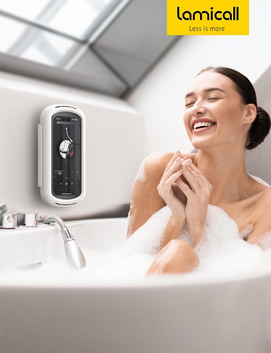 imageLamicall Shower Phone Holder with Speaker Holes IPX6 Waterproof Clear Sound ampamp 480 Rotation Shower Case Accessories Waterproof Bathroom Wall Mount for iPhone 16 Pro Max S25 Ultra 47quot Big PhonesSnow White
