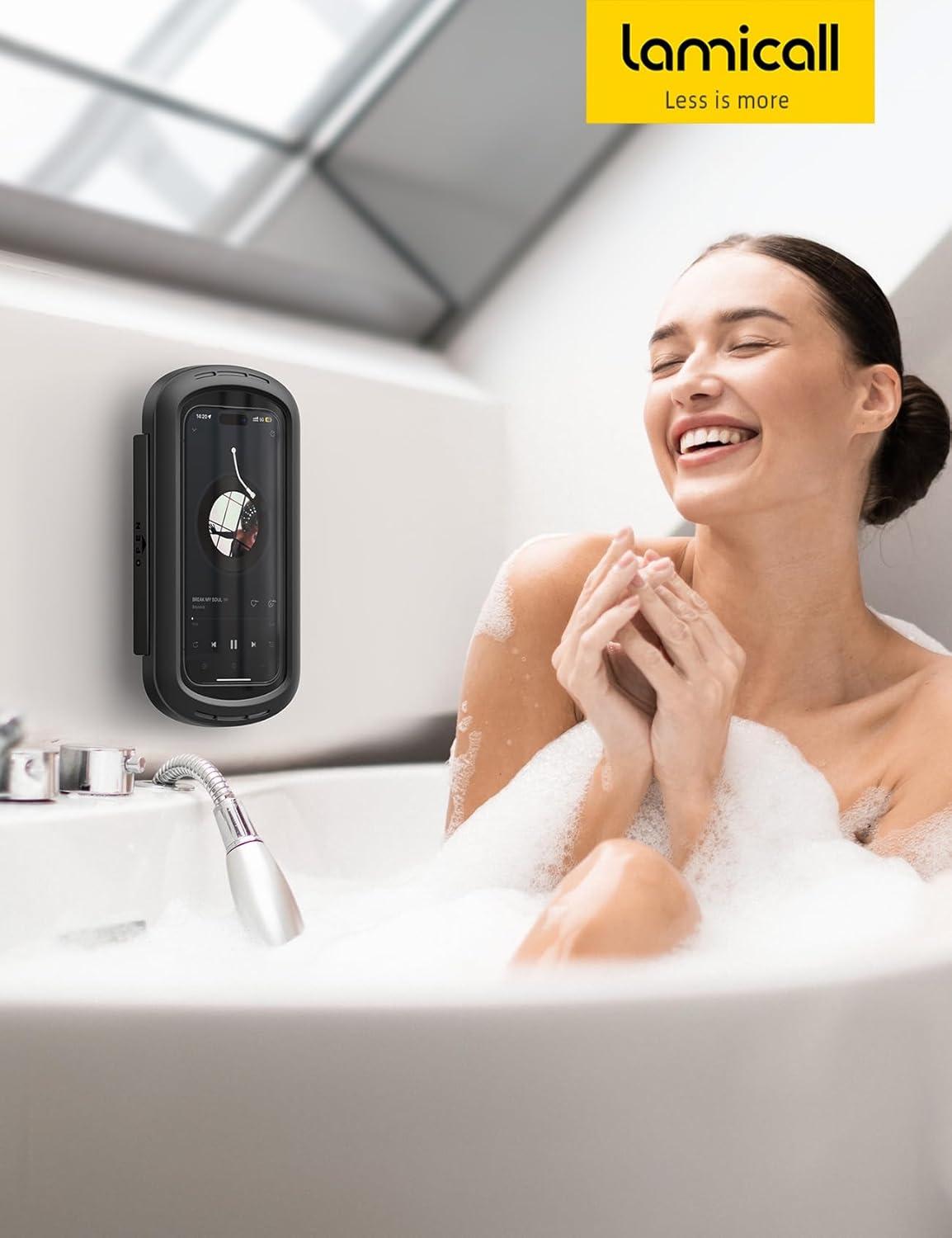 imageLamicall Shower Phone Holder with Speaker Holes IPX6 Waterproof Clear Sound ampamp 480 Rotation Shower Case Accessories Waterproof Bathroom Wall Mount for iPhone 16 Pro Max S25 Ultra 47quot Big PhonesClassic Black