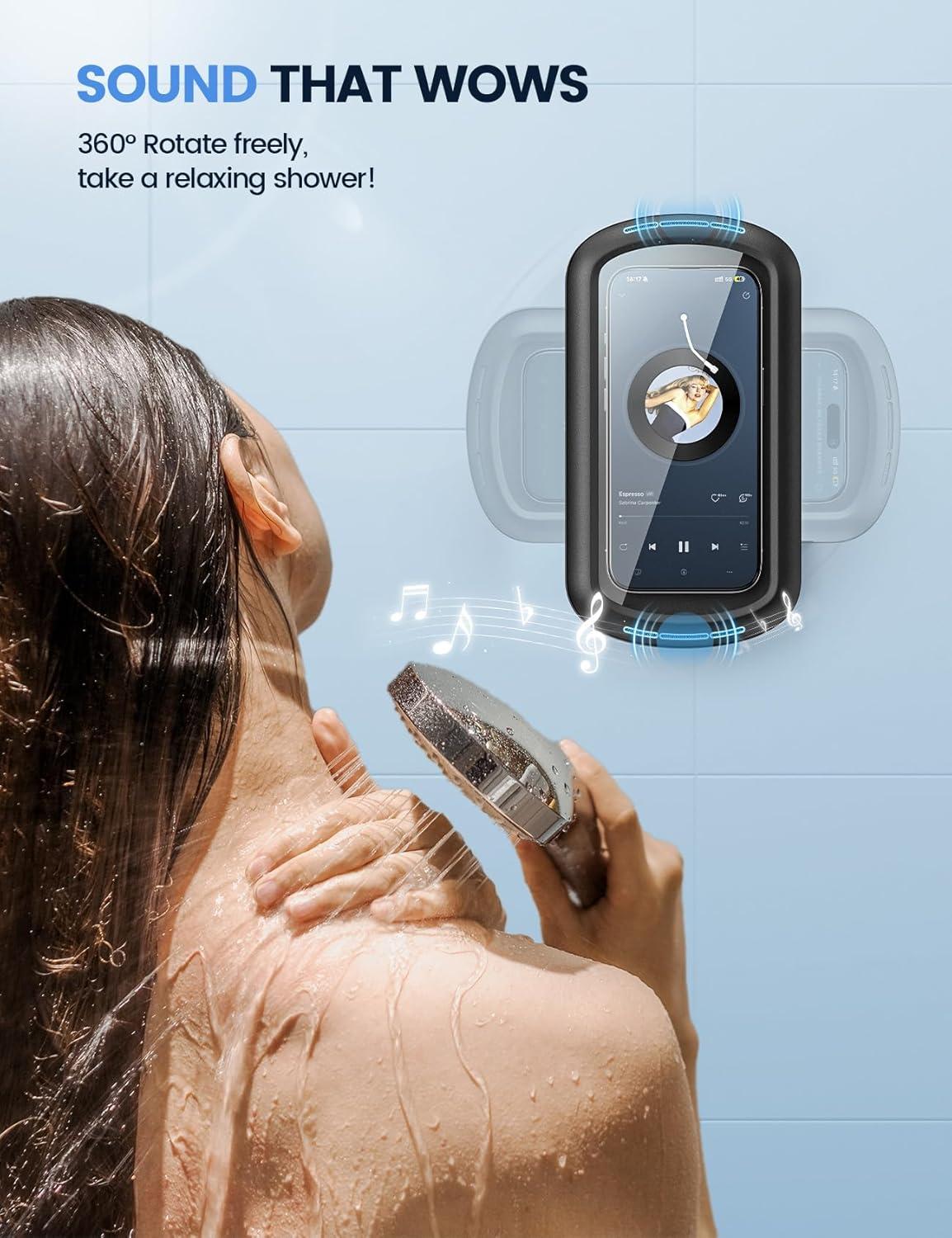 imageLamicall Shower Phone Holder with Speaker Holes IPX6 Waterproof Clear Sound ampamp 480 Rotation Shower Case Accessories Waterproof Bathroom Wall Mount for iPhone 16 Pro Max S25 Ultra 47quot Big PhonesClassic Black