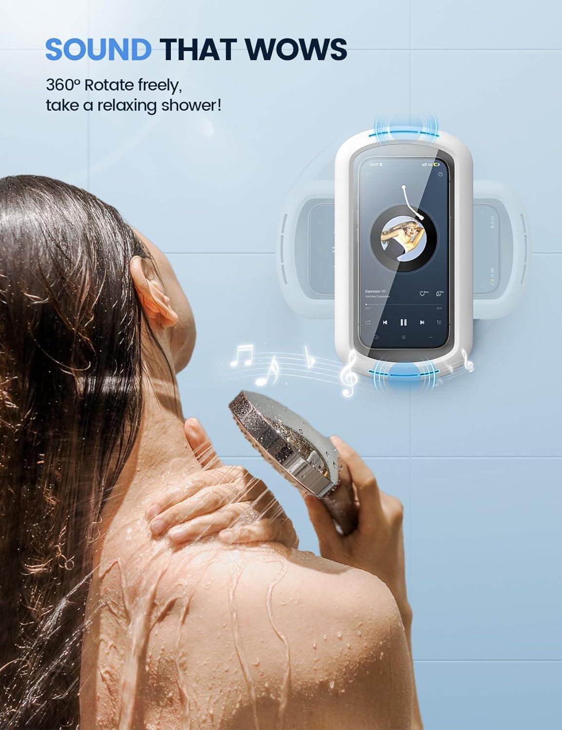 imageLamicall Shower Phone Holder with Speaker Holes IPX6 Waterproof Clear Sound ampamp 480 Rotation Shower Case Accessories Waterproof Bathroom Wall Mount for iPhone 16 Pro Max S25 Ultra 47quot Big PhonesSnow White