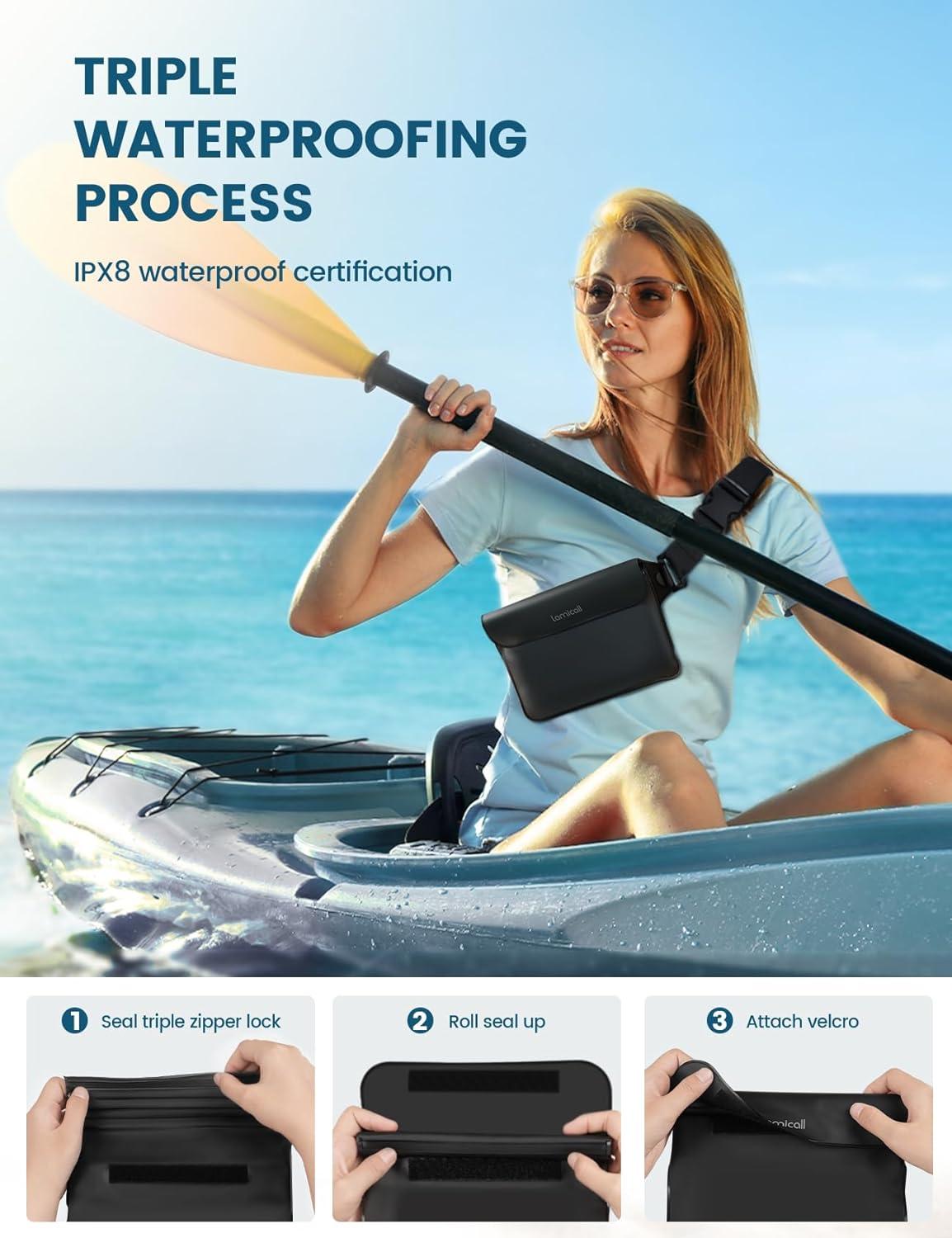 imageLamicall Waterproof Fanny Pack Cruise Essentials 2025  Elastic Waist Strap Dry Bag Pouch Travel Boat Paddle Kayak Beach Swimming Accessories 87 for iPhone 16 15 14 13 Pro Max GalaxyBlack