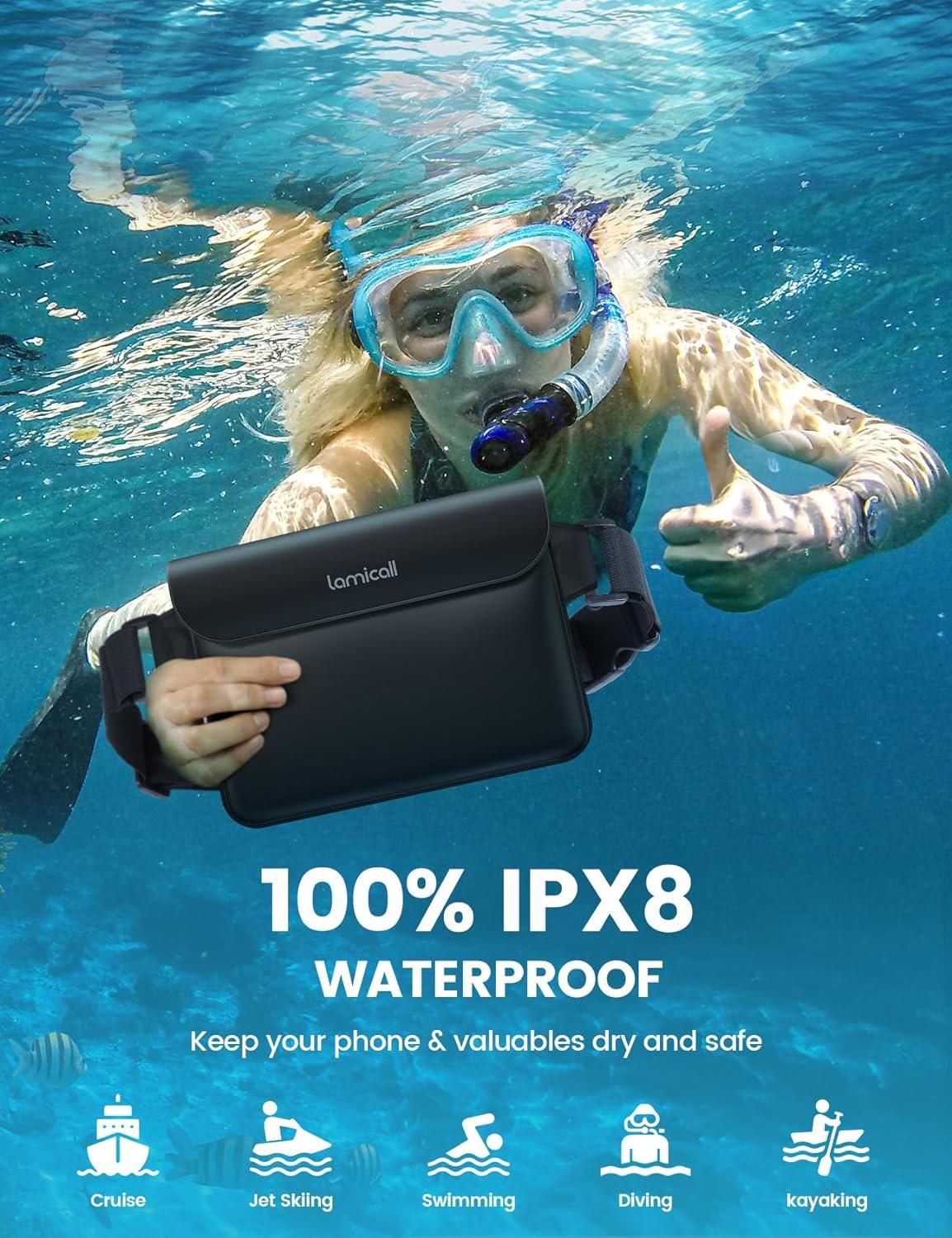 imageLamicall Waterproof Fanny Pack Cruise Essentials 2025  Elastic Waist Strap Dry Bag Pouch Travel Boat Paddle Kayak Beach Swimming Accessories 87 for iPhone 16 15 14 13 Pro Max GalaxyBlack