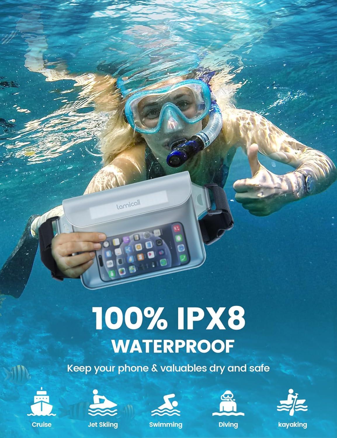 imageLamicall Waterproof Fanny Pack Pouch  2Pack 2025 Elastic Waist Strap IPX8 Dry Bags Water Proof Pouch for Swimming Beach Kayaking Cruise Ship Essentials 87 for iPhone 16 15 14 13 Pro MaxClear