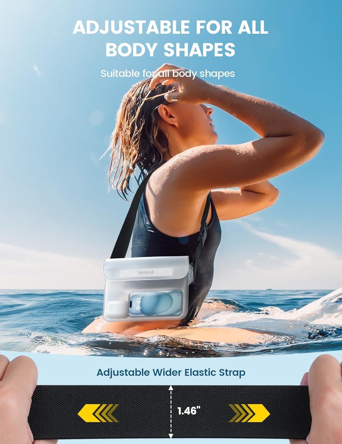 imageLamicall Waterproof Fanny Pack Pouch  2Pack 2025 Elastic Waist Strap IPX8 Dry Bags Water Proof Pouch for Swimming Beach Kayaking Cruise Ship Essentials 87 for iPhone 16 15 14 13 Pro MaxClear