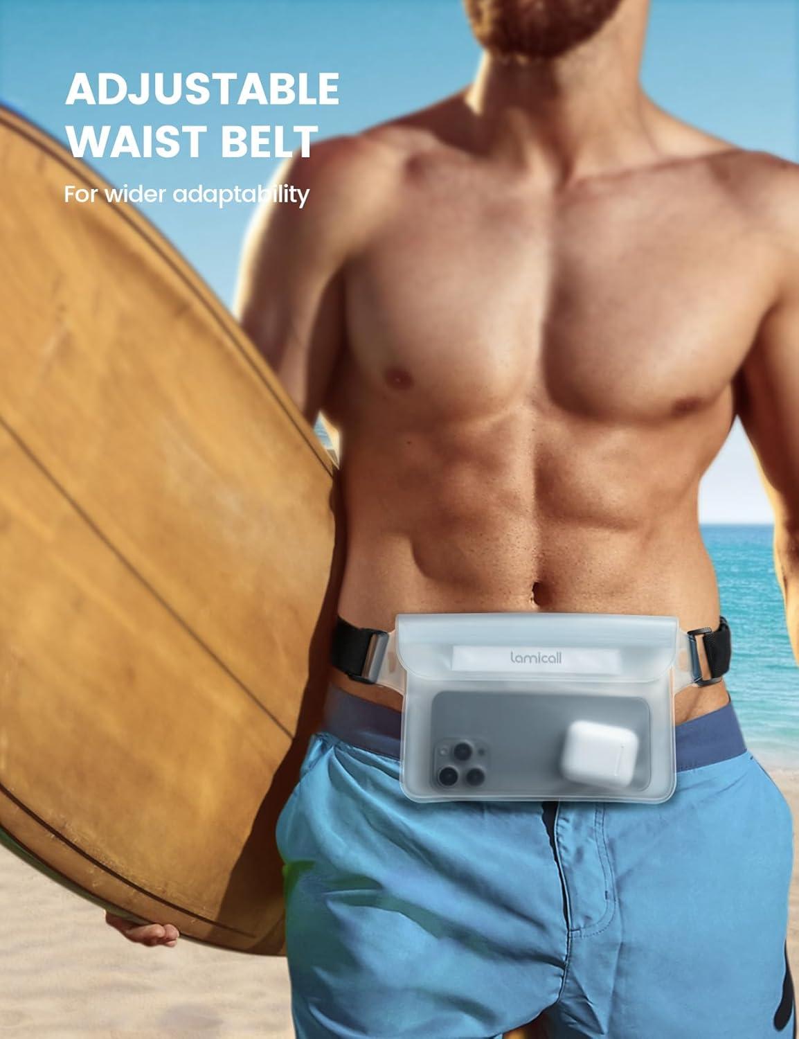 imageLamicall Waterproof Fanny Pack Pouch  2Pack 2025 Elastic Waist Strap IPX8 Dry Bags Water Proof Pouch for Swimming Beach Kayaking Cruise Ship Essentials 87 for iPhone 16 15 14 13 Pro MaxClear