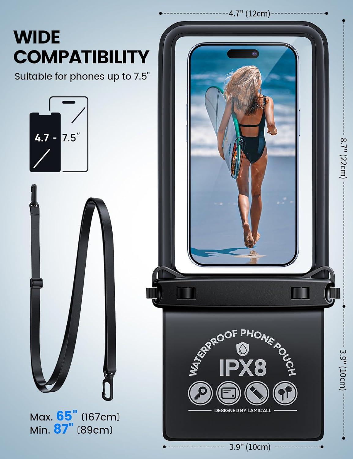 imageLamicall Waterproof Phone Pouch Case  Double Space IPX8 Water Proof Cell Phone Dry Bag with Lanyard Beach Cruise Ship Essentials for iPhone 16 15 14 13 Pro Max Galaxy S25 S24 475quot BlackBlack
